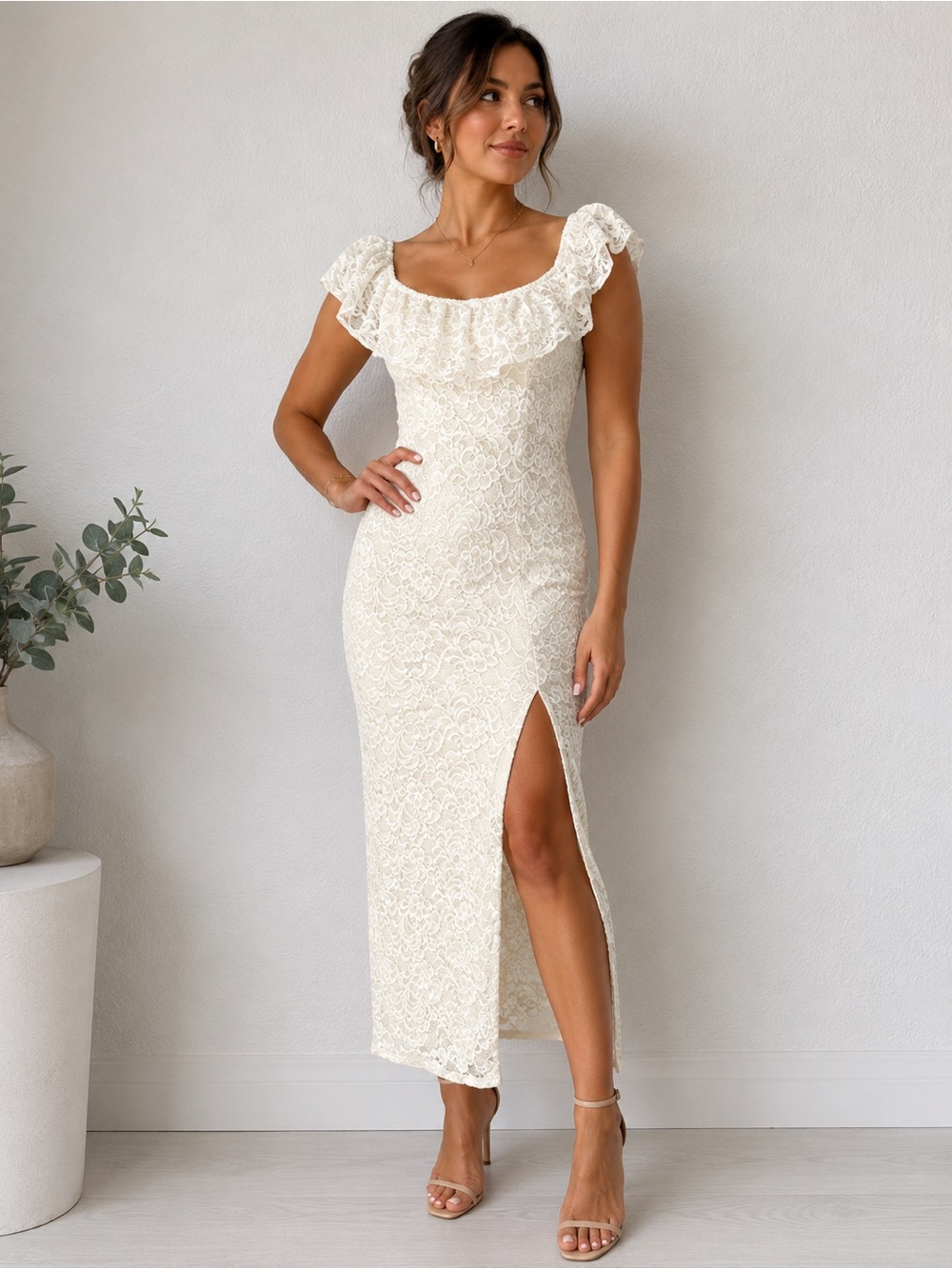 bebe Ivory Lace Midi Dress with Ruffle Neckline